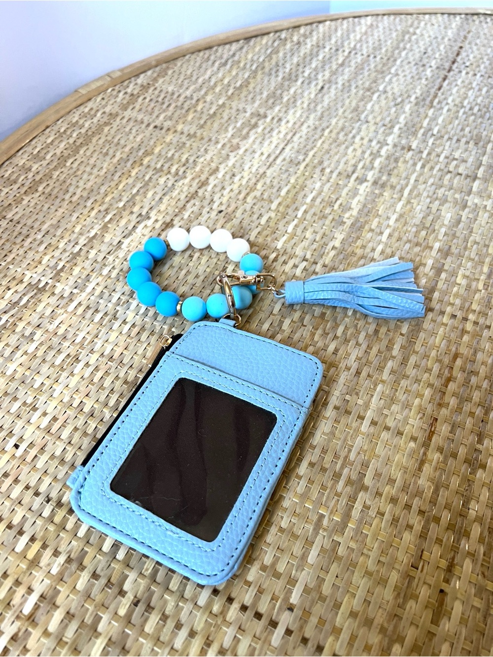 Light blue white silicon bead bracelet wristlet keychain wallet ID vegan pebbles